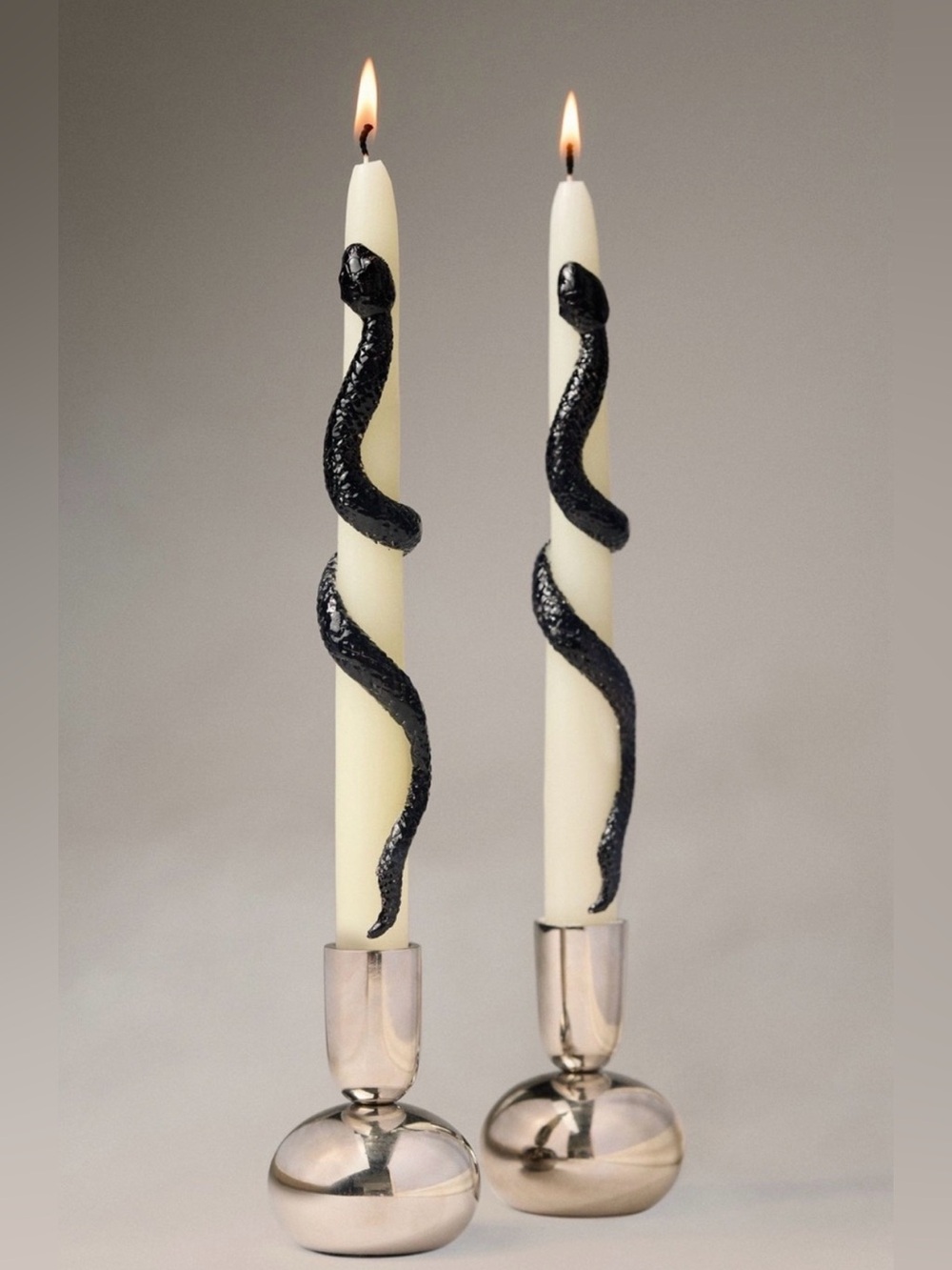 Anthropologie Ivory Taper Candles with Black Snake Accent
